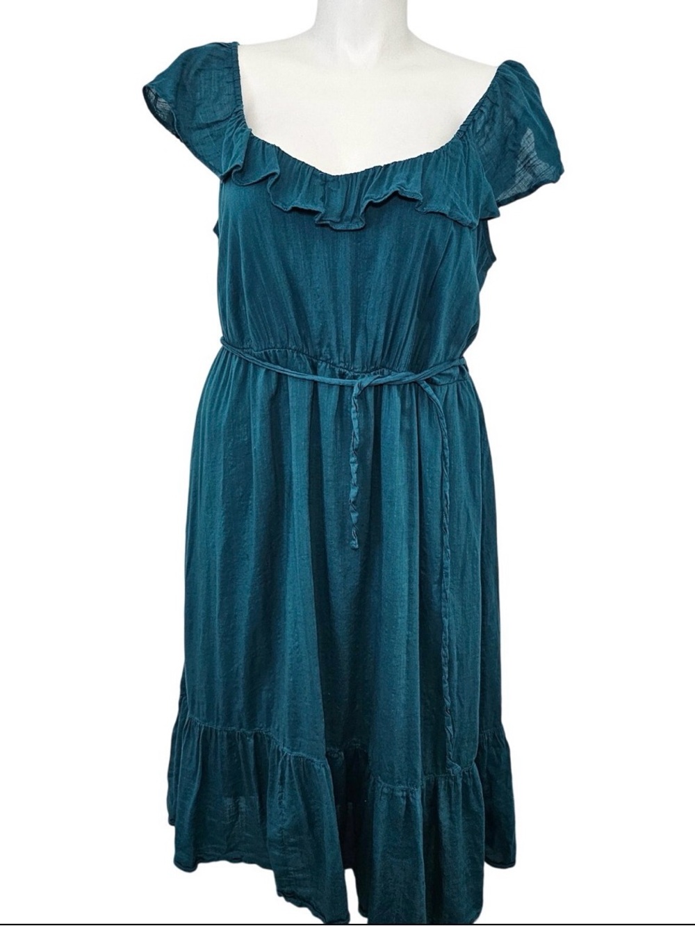 Old Navy Teal Ruffle-Trim Midi Dress with Tie Waist